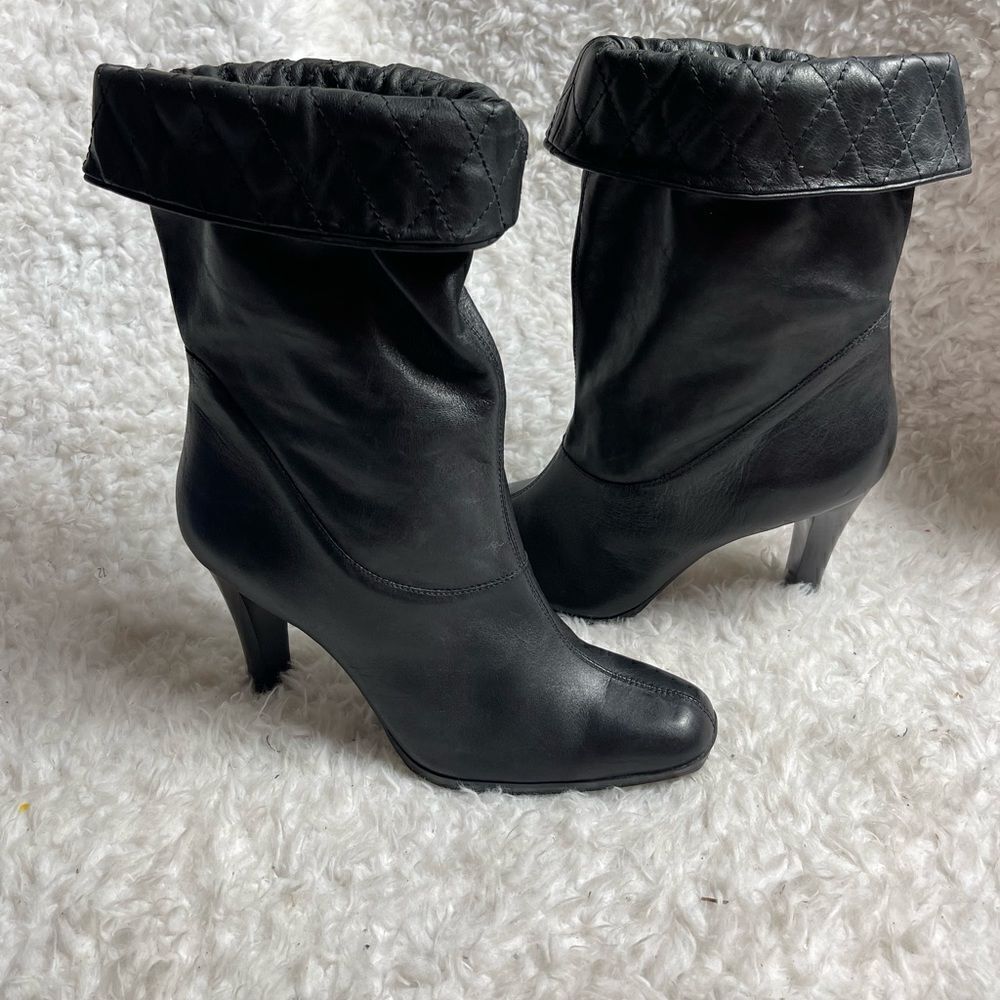Worthington Leather Black Cinched Elastic Ankle heels Boots square toe SZ10M